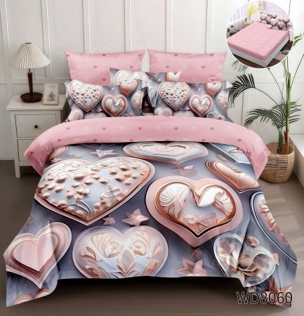 Cearceaf cu elastic 4 piese - Lenjerie De Pat Finet 4 Piese Cu Elastic 5D In Relief - Roz Cu Inimioare