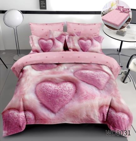 Cearceaf cu elastic 4 piese - Lenjerie De Pat Finet 4 Piese Cu Elastic 5D In Relief - Roz Cu Inimioare Pe Blanita
