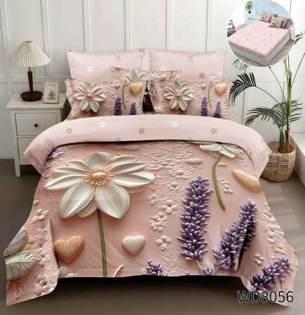 Cearceaf cu elastic 4 piese - Lenjerie De Pat Finet 4 Piese Cu Elastic 5D In Relief - Roz Pudrat Cu Flori