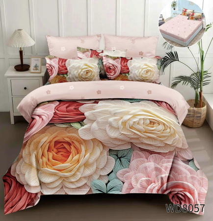 LENJERII DE PAT - Lenjerie De Pat Finet 4 Piese Cu Elastic 5D In Relief - Roz Pudrat Cu Flori Creponate