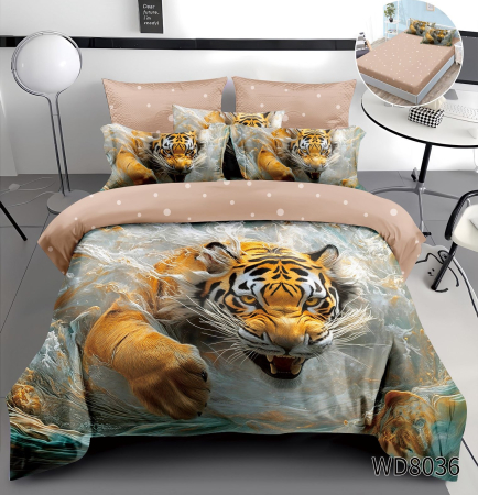 Cearceaf cu elastic 4 piese - Lenjerie De Pat Finet 4 Piese Cu Elastic 5D In Relief - Tigrul