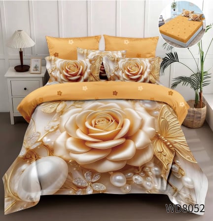 Cearceaf cu elastic 4 piese - Lenjerie De Pat Finet 4 Piese Cu Elastic 5D In Relief - Trandafiri Si Perle