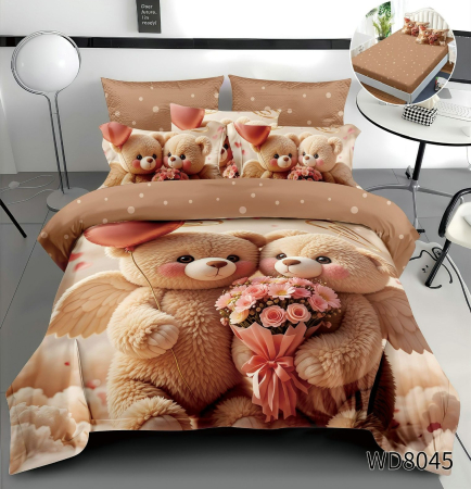 Cearceaf cu elastic 4 piese - Lenjerie De Pat Finet 4 Piese Cu Elastic 5D In Relief - Ursuleti De Plus Cu Flori