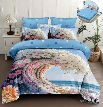 Cearceaf cu elastic 4 piese - Lenjerie De Pat Finet 4 Piese Cu Elastic 5D In Relief - Valuri De Flori