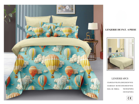 Cearceaf normal 6 piese - Lenjerie De Pat Finet 6 Piese 5D - Baloane Pe Cerul Senin