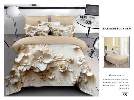 Cearceaf normal 6 piese - Lenjerie De Pat Finet 6 Piese 5D - Bej Cu Flori Stilizate