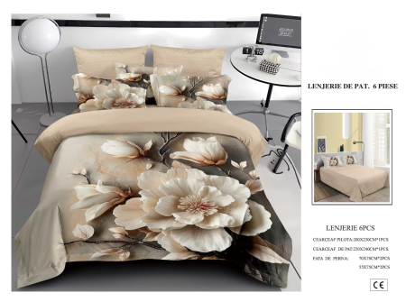 Cearceaf normal 6 piese - Lenjerie De Pat Finet 6 Piese 5D - Bej Dulce Cu Flori