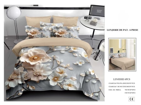 Cearceaf normal 6 piese - Lenjerie De Pat Finet 6 Piese 5D - Bej Si Gri Cu Flori