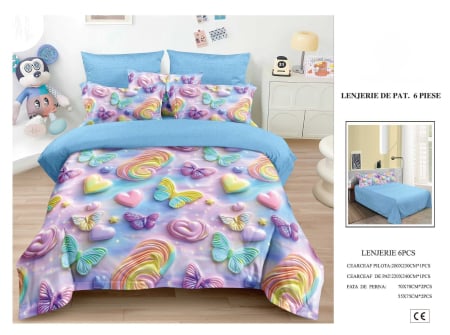 Cearceaf normal 6 piese - Lenjerie De Pat Finet 6 Piese 5D - Albastru Cu Fluturi Si Inimioare
