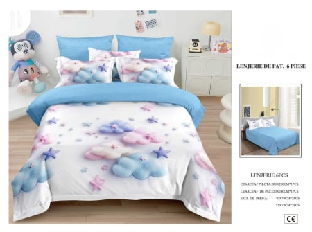 Cearceaf normal 6 piese - Lenjerie De Pat Finet 6 Piese 5D - Bleu Cu Nori Si Stelute
