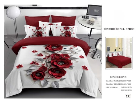Cearceaf normal 6 piese - Lenjerie De Pat Finet 6 Piese 5D - Bordo Cu Flori De Hartie