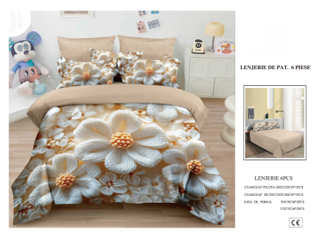 Cearceaf normal 6 piese - Lenjerie De Pat Finet 6 Piese 5D - Flori Crem Crosetate