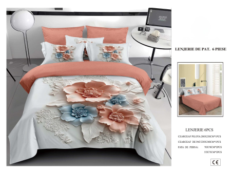 Cearceaf normal 6 piese - Lenjerie De Pat Finet 6 Piese 5D - Flori De Portelan Roz Somon