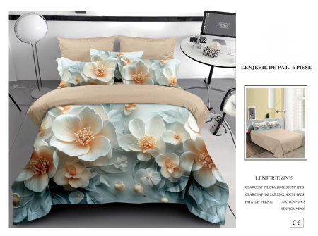 Cearceaf normal 6 piese - Lenjerie De Pat Finet 6 Piese 5D - Flori In Lumina