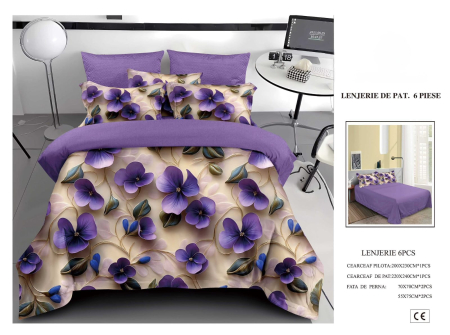 Cearceaf normal 6 piese - Lenjerie De Pat Finet 6 Piese 5D - Flori Mov Stilizate Artistic