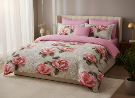 Cearceaf normal 6 piese - Lenjerie De Pat Finet 6 Piese 5D - Flori Roz Pudrat