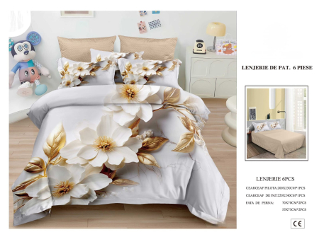 Cearceaf normal 6 piese - Lenjerie De Pat Finet 6 Piese 5D - Flori Si Frunze Aurii