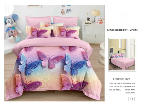 Cearceaf normal 6 piese - Lenjerie De Pat Finet 6 Piese 5D - Fluturi Colorati Pe Roz
