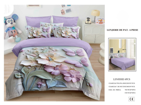 Cearceaf normal 6 piese - Lenjerie De Pat Finet 6 Piese 5D - Lila Cu Flori Si Fluturi