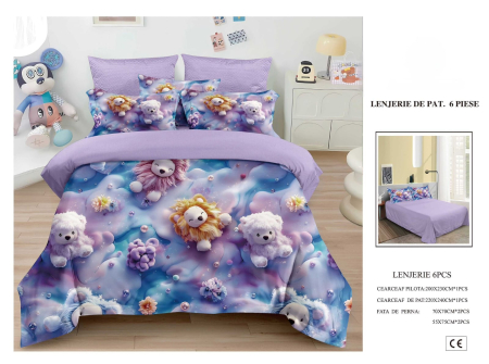 Cearceaf normal 6 piese - Lenjerie De Pat Finet 6 Piese 5D - Lila Cu Lei De Plus
