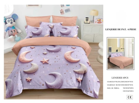 Cearceaf normal 6 piese - Lenjerie De Pat Finet 6 Piese 5D - Luna Mov