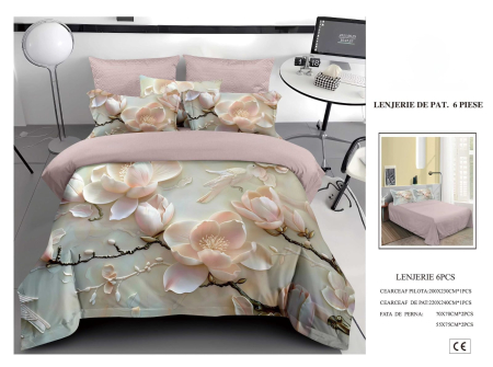 Cearceaf normal 6 piese - Lenjerie De Pat Finet 6 Piese 5D - Magnolie Inflorita