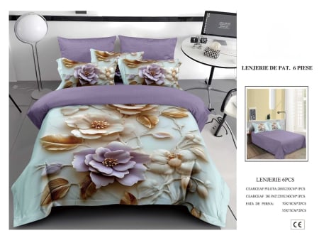 Cearceaf normal 6 piese - Lenjerie De Pat Finet 6 Piese 5D - Mov Cu Flori De Portelan