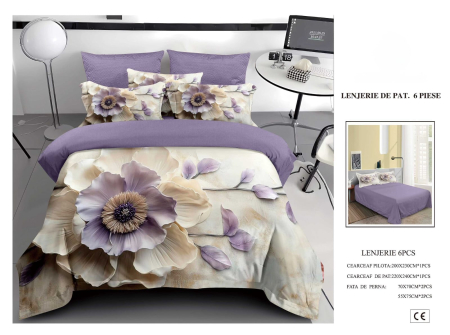 Cearceaf normal 6 piese - Lenjerie De Pat Finet 6 Piese 5D - Mov Cu Flori De Poveste