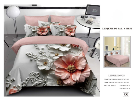 Cearceaf normal 6 piese - Lenjerie De Pat Finet 6 Piese 5D - Roz Cu Flori De Portelan