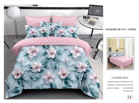 Cearceaf normal 6 piese - Lenjerie De Pat Finet 6 Piese 5D - Roz Cu Flori Elegante