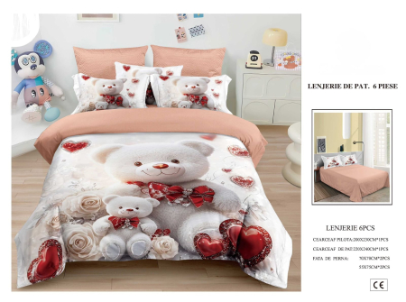 Cearceaf normal 6 piese - Lenjerie De Pat Finet 6 Piese 5D - Roz Cu Ursuleti Si Inimioare