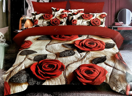 Cearceaf normal 6 piese - Lenjerie De Pat Finet 6 Piese 5D - Trandafiri Rosii Eleganti
