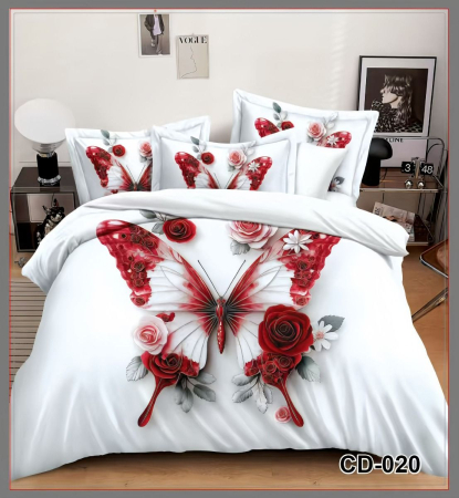 Cearceaf cu elastic 6 piese - Lenjerie De Pat Finet 6 Piese Cu Elastic 5D - Alb Cu Fluture Din Trandafiri