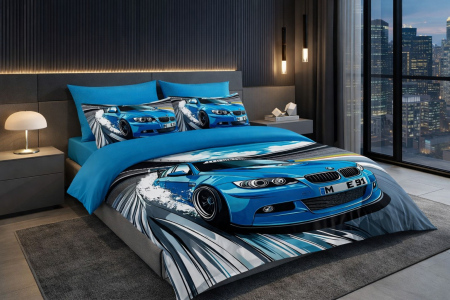 Lenjerie de Pat Finet 6 Piese cu Elastic 5D - Albastru Cu Masini De Curse [3]