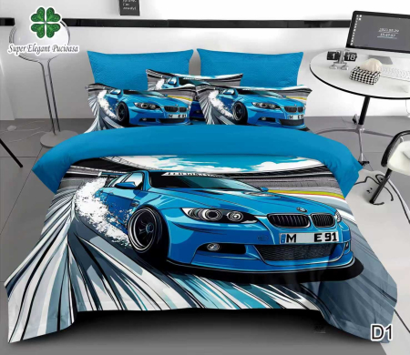 Cearceaf cu elastic 6 piese - Lenjerie de Pat Finet 6 Piese cu Elastic 5D - Albastru Cu Masini De Curse