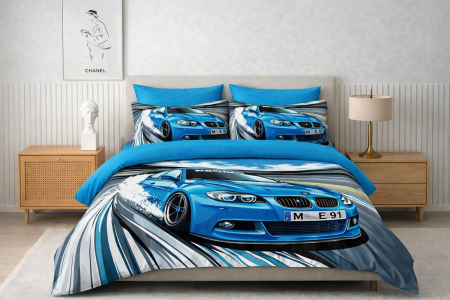 Lenjerie de Pat Finet 6 Piese cu Elastic 5D - Albastru Cu Masini De Curse [2]