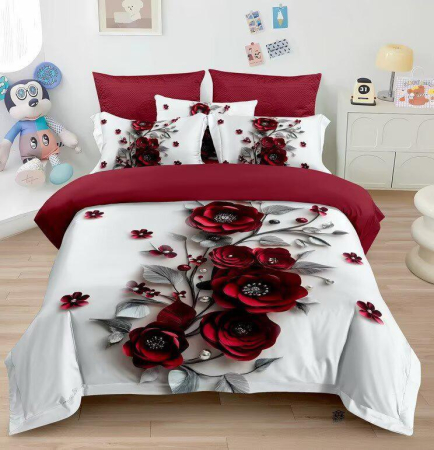 LENJERII DE PAT - Lenjerie de Pat Finet 6 Piese cu Elastic 5D - Bordo cu Flori de Hartie