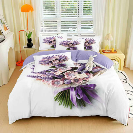 Cearceaf cu elastic 6 piese - Lenjerie de Pat Finet 6 Piese cu Elastic 5D - Buchet De Flori Lila Crosetate