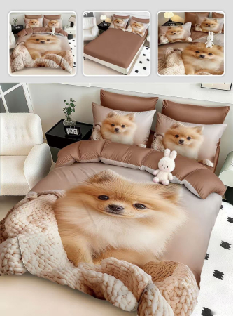 Cearceaf cu elastic 6 piese - Lenjerie De Pat Finet 6 Piese Cu Elastic 5D - Catelus Pomeranian