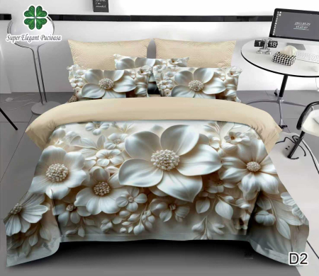 Cearceaf cu elastic 6 piese - Lenjerie de Pat Finet 6 Piese cu Elastic 5D - Bej Cu Flori