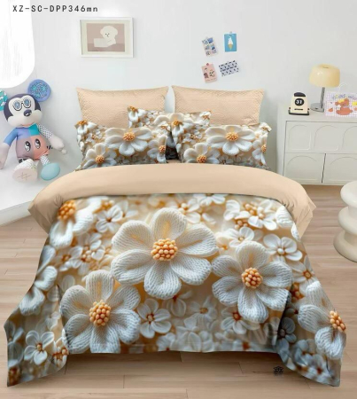 Bumbac Tip Finet 5D In Relief - Lenjerie De Pat Finet 6 Piese Cu Elastic 5D - Flori Crem Crosetate