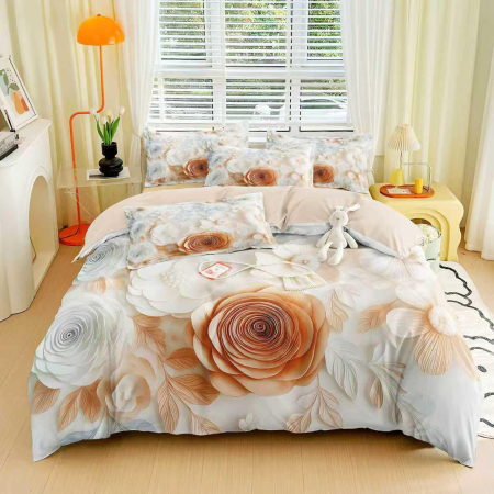 Cearceaf cu elastic 6 piese - Lenjerie de Pat Finet 6 Piese cu Elastic 5D - Flori De Hartie Corai