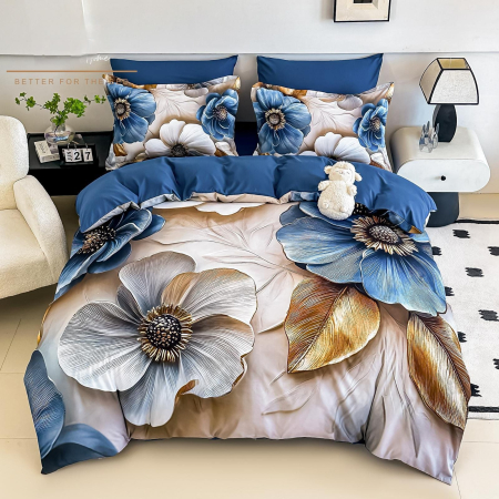 Bumbac Tip Finet 5D In Relief - Lenjerie De Pat Finet 6 Piese Cu Elastic 5D - Flori De Portelan