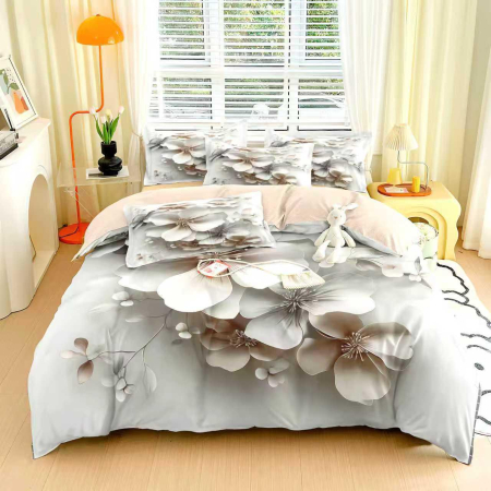 Cearceaf cu elastic 6 piese - Lenjerie de Pat Finet 6 Piese cu Elastic 5D - Flori Pe Alb
