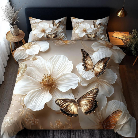 Bumbac Tip Finet 5D In Relief - Lenjerie De Pat Finet 6 Piese Cu Elastic 5D - Flori Si Fluturi
