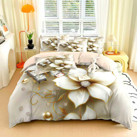 Cearceaf cu elastic 6 piese - Lenjerie de Pat Finet 6 Piese cu Elastic 5D - Flori Si Fluturi De Portelan