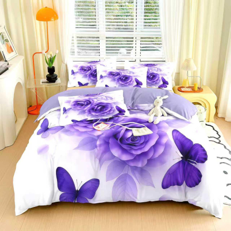 Cearceaf cu elastic 6 piese - Lenjerie de Pat Finet 6 Piese cu Elastic 5D - Flori Si Fluturi Lila