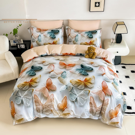 Cearceaf cu elastic 6 piese - Lenjerie De Pat Finet 6 Piese Cu Elastic 5D - Fluturasi Colorati