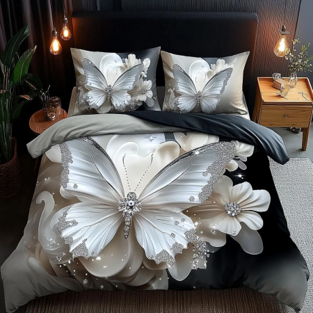 Cearceaf cu elastic 6 piese - Lenjerie De Pat Finet 6 Piese Cu Elastic 5D - Fluturi Argintii