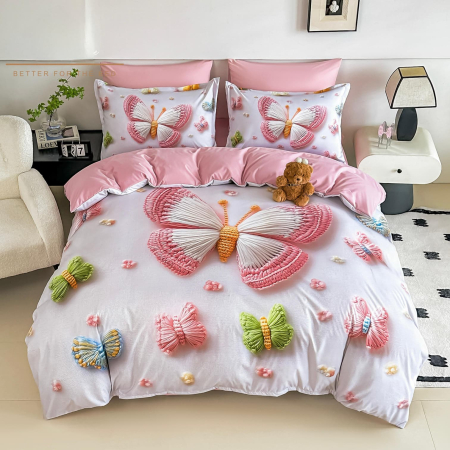 Cearceaf cu elastic 6 piese - Lenjerie De Pat Finet 6 Piese Cu Elastic 5D - Fluturi Colorati